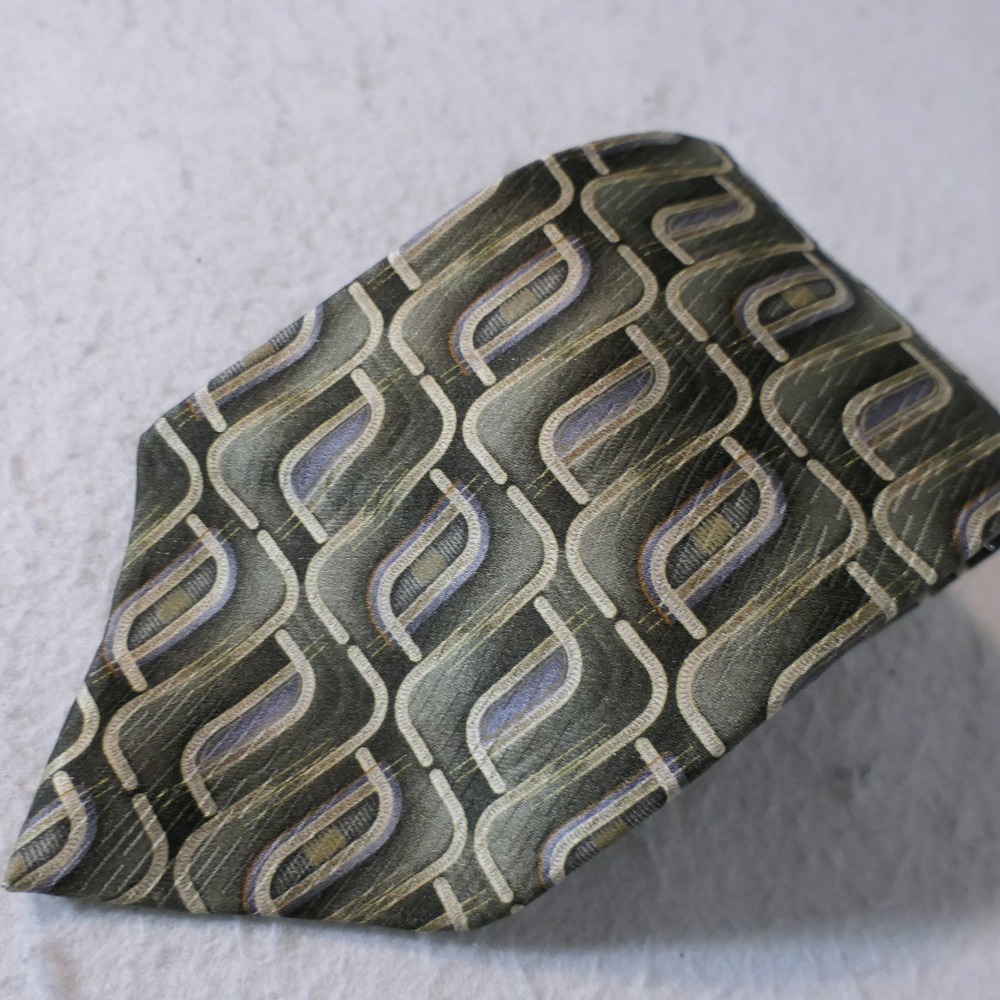 Zylos Gold Men Necktie OS Green Geometric Silk Retro Abstract Mid-Century Modern